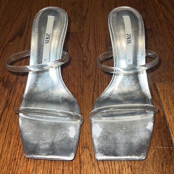 Zara Metallic Silver, Clear Double Strap Wedge Sandals - Picture 7 of 9